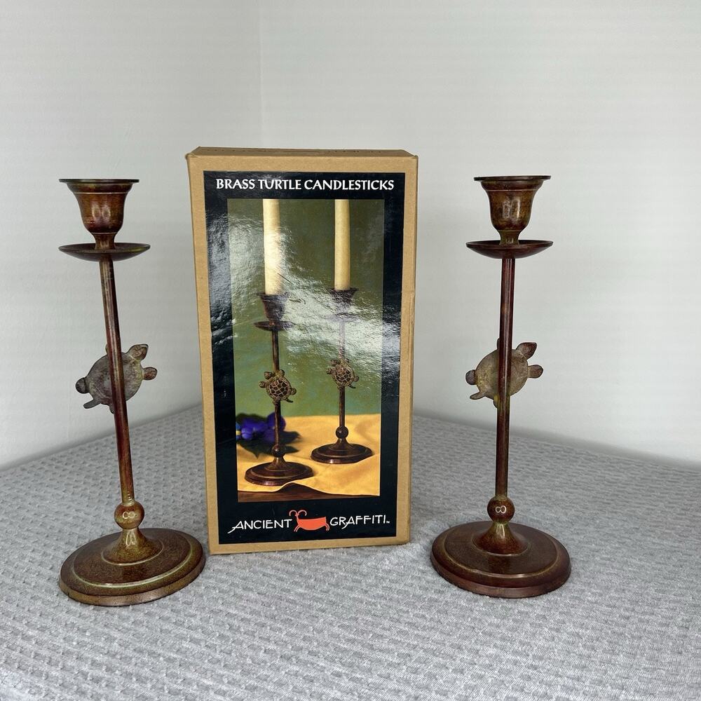 Ancient Graffiti Brass Turtle Candlesticks Pair Taper Candle Holders Set And Box